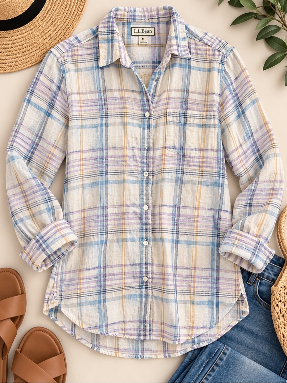L.L. Bean Women's linen Plaid Button-Up Shirt - medium